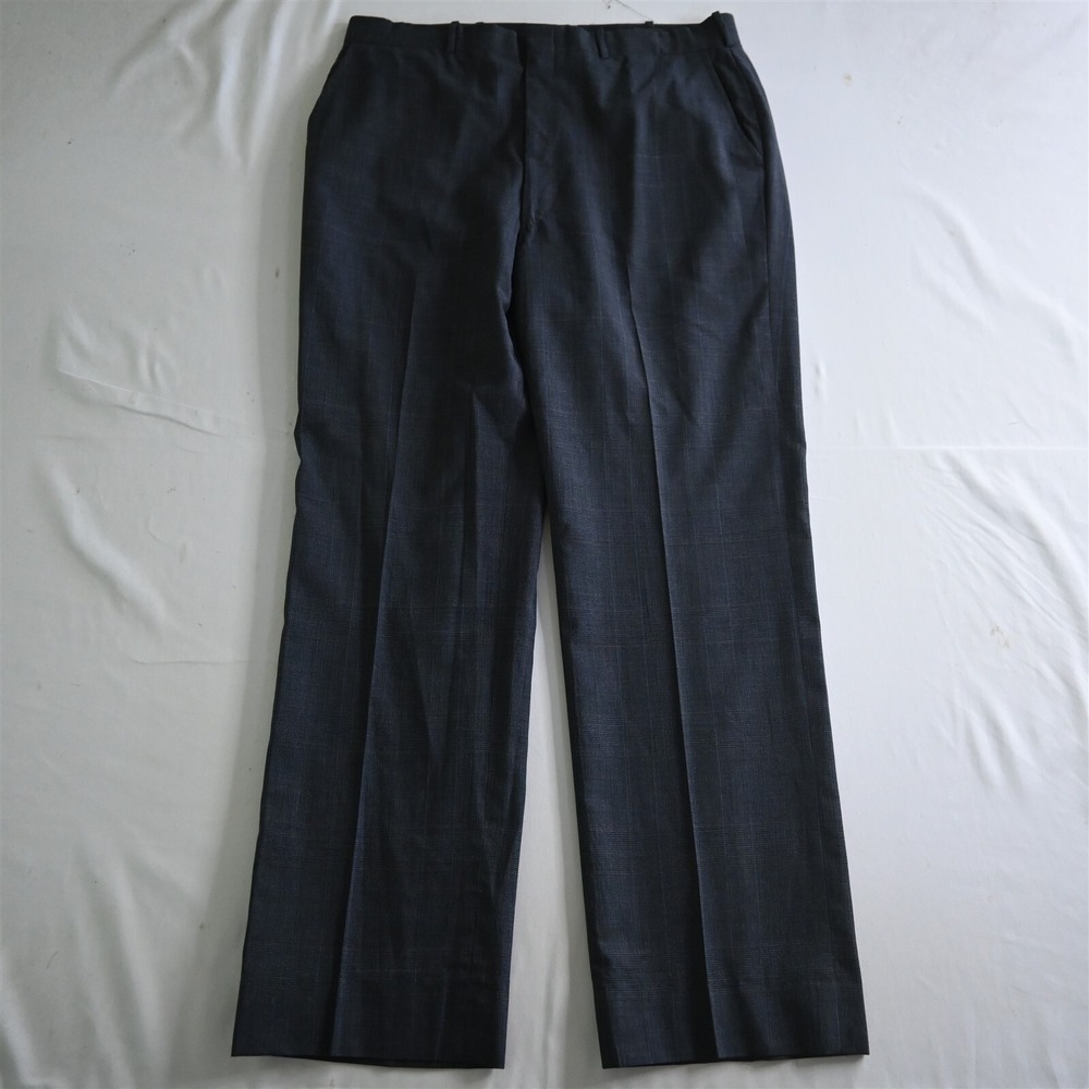 Vtg Bespoke 34x32 Navy Blue Glenn Check Flat Front Mens‎ Dress Pants